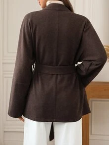 SHEIN LUNE Women's Vintage Wool Blend Mid-Length Coat, Autumn/Winter Wool Jacket - Brown - View 2