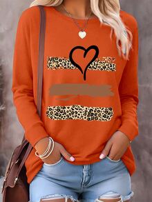 EMERY ROSE Women's Heart & Leopard Print Round Neck Loose Casual Long Sleeve T-Shirt - Burnt Orange - View 3