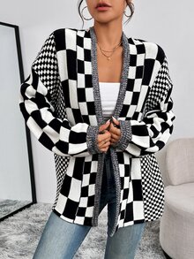 SHEIN LUNE 秋冬休閒棋盤格拼接針織開襟衫 日常校園穿搭 黑白格紋 - 黑與白 - 查看 8