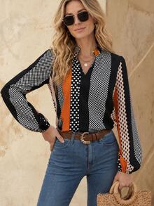 EMERY ROSE Blusa con cuello en pico y lunares, blusas de manga larga - Multicolor - Ver 1