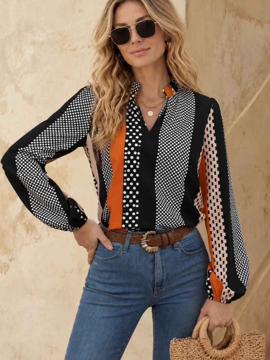 EMERY ROSE Blusa con cuello en pico y lunares, blusas de manga larga - Multicolor - Ver 1