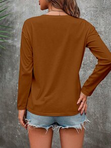 EMERY ROSE Women's Casual Romantic Halloween Pumpkin Print T-Shirt, Fall/ Picnic Brown - Coffee Brown - View 2