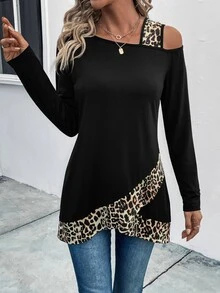 EMERY ROSE Camiseta con cuello asimétrico y estampado de leopardo, camisetas con estampado de guepardo para mujeres - Negro - Ver 1