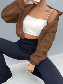 SHEIN Drop Shoulder Zip Up Teddy Jacket Fall Winter Cloth For Women - Brown - View 7
