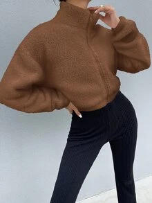 SHEIN Drop Shoulder Zip Up Teddy Jacket Fall Winter Cloth For Women - Brown - View 4