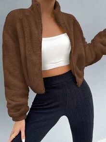 SHEIN Drop Shoulder Zip Up Teddy Jacket Fall Winter Cloth For Women - Brown - View 5