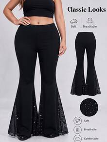 Sweetra Plus Size Solid Color Simple Flare Leg Pants, Casual Everyday Wear Fall Cloth For Women - Black - View 1