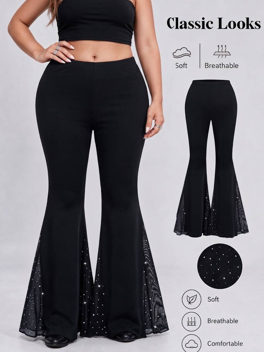 Sweetra Plus Size Solid Color Simple Flare Leg Pants, Casual Everyday Wear Fall Cloth For Women - Black - View 1
