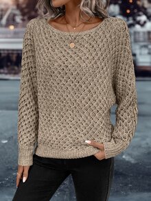 EMERY ROSE Solid Batwing Sleeve Sweater,Long Sleeve Tops Knit Pullover Fall Winter Sweater - Khaki - View 4