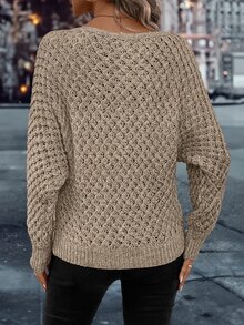 EMERY ROSE Solid Batwing Sleeve Sweater,Long Sleeve Tops Knit Pullover Fall Winter Sweater - Khaki - View 2