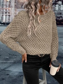 EMERY ROSE Solid Batwing Sleeve Sweater,Long Sleeve Tops Knit Pullover Fall Winter Sweater - Khaki - View 5