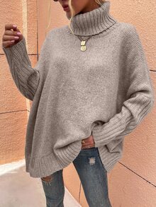 EMERY ROSE Women Light Grey Turtleneck Batwing Sleeve Sweater,Oversized Casual Long Sleeve Pullovers Knit Fall Fall Winter Sweaters,Regular Fit Pullover Occasion - Apricot - View 3