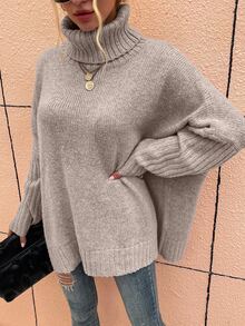 EMERY ROSE Women Light Grey Turtleneck Batwing Sleeve Sweater,Oversized Casual Long Sleeve Pullovers Knit Fall Fall Winter Sweaters,Regular Fit Pullover Occasion - Apricot - View 7