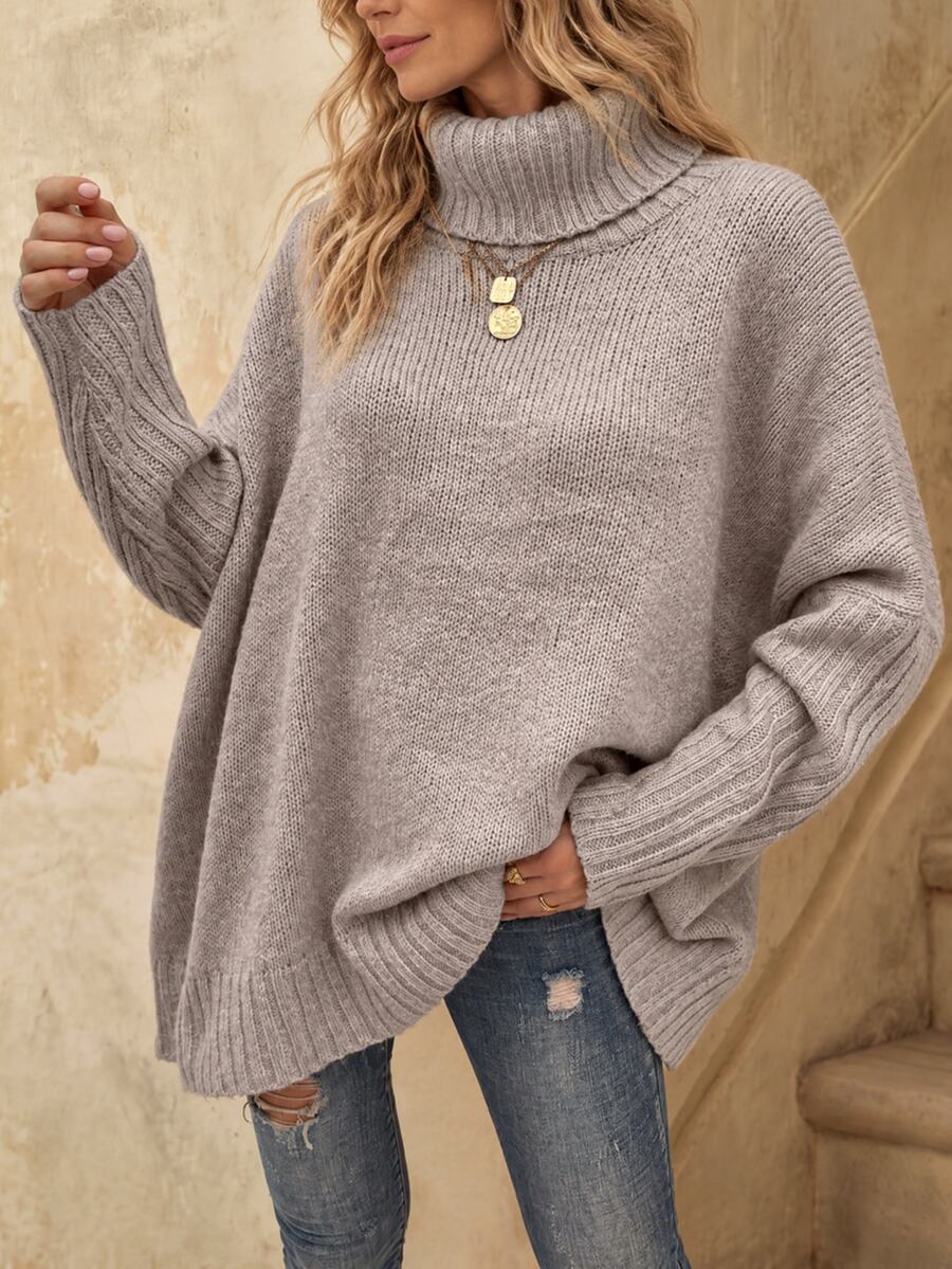 EMERY ROSE Women Light Grey Turtleneck Batwing Sleeve Sweater,Oversized Casual Long Sleeve Pullovers Knit Fall Fall Winter Sweaters,Regular Fit Pullover Occasion - Apricot - View 1