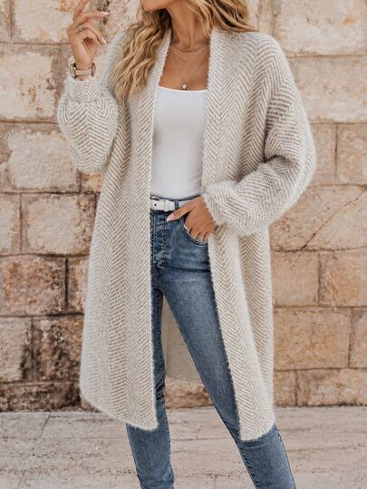 EMERY ROSE Fashionable Casual Versatile Loose Faux Fur Textured Cardigan Sweater For Women, Autumn/Winter