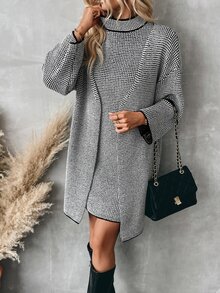 EMERY ROSE 2pcs Women's Plaid Long Sleeve Long Cardigan And Stand Collar Sleeveless Loose Sweater Dress Set, Autumn/Winter - Multicolor - View 7