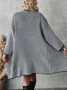 EMERY ROSE 2pcs Women's Plaid Long Sleeve Long Cardigan And Stand Collar Sleeveless Loose Sweater Dress Set, Autumn/Winter - Multicolor - View 2
