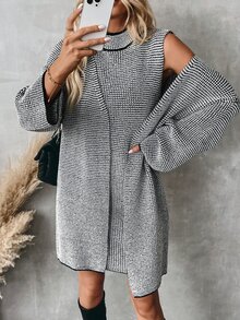 EMERY ROSE 2pcs Women's Plaid Long Sleeve Long Cardigan And Stand Collar Sleeveless Loose Sweater Dress Set, Autumn/Winter - Multicolor - View 3