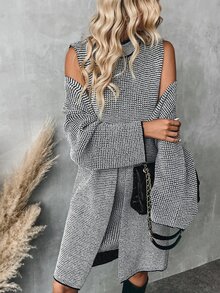 EMERY ROSE 2pcs Women's Plaid Long Sleeve Long Cardigan And Stand Collar Sleeveless Loose Sweater Dress Set, Autumn/Winter - Multicolor - View 4