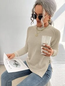 EMERY ROSE Áo len tay raglan dài tay, kiểu dáng thắt nút, xẻ tà bên hông, chất liệu dệt kim, thích hợp mặc mùa thu đông. - Màu be - Xem 5
