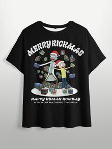 Rick and Morty X SHEIN تي شيرت بياقة مستديرة وأكمام قصيرة مطبوع عليه أحرف عيد الميلاد والشخصيات الكرتونية للمقاسات الكبيرة، موسم الصيف - الأسود - مشاهدة 7