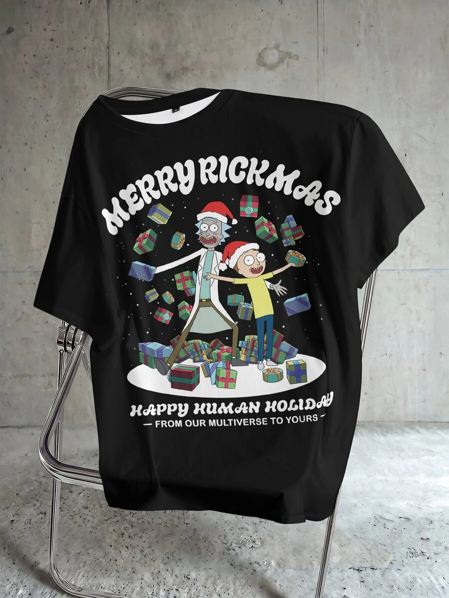 Rick and Morty X SHEIN تي شيرت بياقة مستديرة وأكمام قصيرة مطبوع عليه أحرف عيد الميلاد والشخصيات الكرتونية للمقاسات الكبيرة، موسم الصيف - الأسود - مشاهدة 1