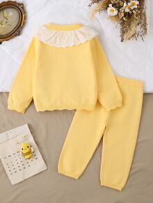 SHEIN Baby Girl Embroidered Lace Sweater And Knitted Pants Set - Yellow - View 2