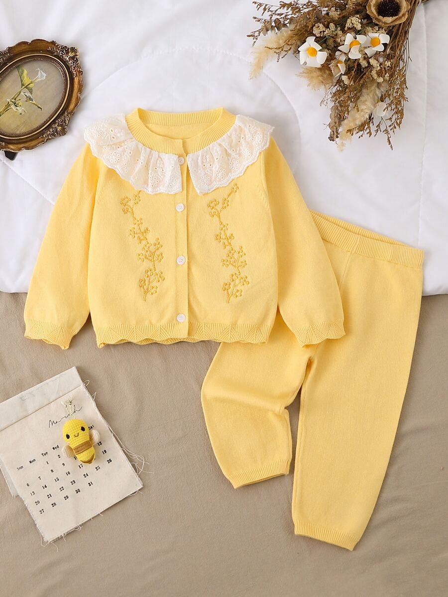 SHEIN Baby Girl Embroidered Lace Sweater And Knitted Pants Set - Yellow - View 1