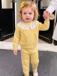 SHEIN Baby Girl Embroidered Lace Sweater And Knitted Pants Set - Yellow - View 5