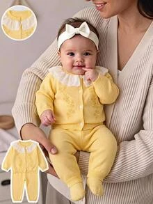 SHEIN Baby Girl Embroidered Lace Sweater And Knitted Pants Set - Yellow - View 10