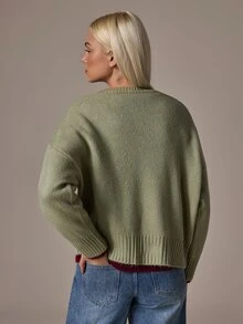 SHEIN Women Round Neck Green Basic Casual Sweater Long Sleeve Cozy - Green - View 2