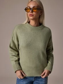 SHEIN Women Round Neck Green Basic Casual Sweater Long Sleeve Cozy - Green - View 6