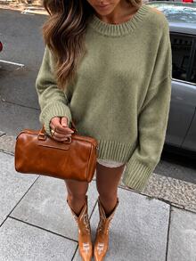SHEIN Women Round Neck Green Basic Casual Sweater Long Sleeve Cozy - Green - View 8