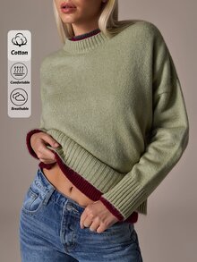 SHEIN Women Round Neck Green Basic Casual Sweater Long Sleeve Cozy - Green - View 7