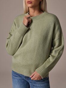 SHEIN Women Round Neck Green Basic Casual Sweater Long Sleeve Cozy - Green - View 4