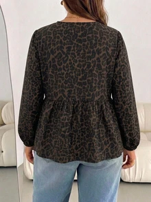 SHEIN Essnce 休閒大尺碼豹紋長袖圓領上衣，適合秋季，黑色上衣，派對、約會、新年穿搭、造型服裝、冬季 - 彩色 - 查看 3