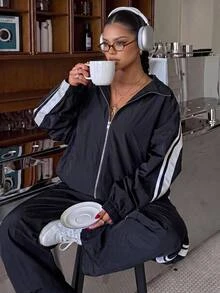 Muchica Women's Plus Size Casual Baggy Fashion Black And White Side Stripe Decor Zipper Jacket And Wide Leg Pants 2 Pieces Set Fall Homewear Gym Going Out - Black - View 3