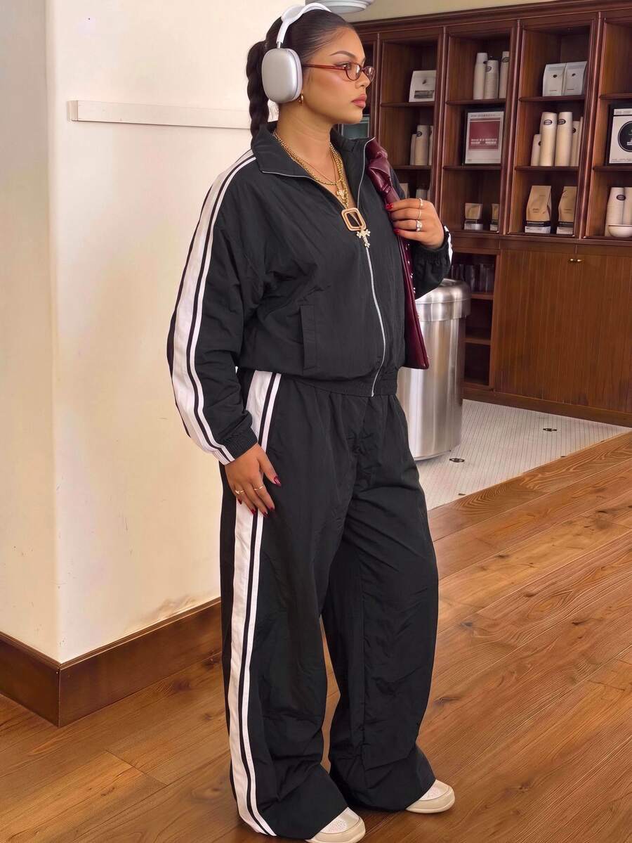 Muchica Women's Plus Size Casual Baggy Fashion Black And White Side Stripe Decor Zipper Jacket And Wide Leg Pants 2 Pieces Set Fall Homewear Gym Going Out - Black - View 1