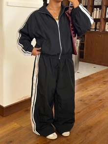 Muchica Women's Plus Size Casual Baggy Fashion Black And White Side Stripe Decor Zipper Jacket And Wide Leg Pants 2 Pieces Set Fall Homewear Gym Going Out - Black - View 7