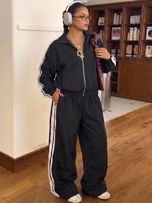 Muchica Women's Plus Size Casual Baggy Fashion Black And White Side Stripe Decor Zipper Jacket And Wide Leg Pants 2 Pieces Set Fall Homewear Gym Going Out - Black - View 6
