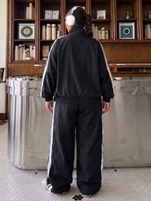 Muchica Women's Plus Size Casual Baggy Fashion Black And White Side Stripe Decor Zipper Jacket And Wide Leg Pants 2 Pieces Set Fall Homewear Gym Going Out - Black - View 2