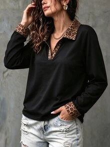 Elenzga Women's Fashion Leopard-Print Collar Pattern Print, Casual Long-Sleeve Top. - Multicolor - View 3