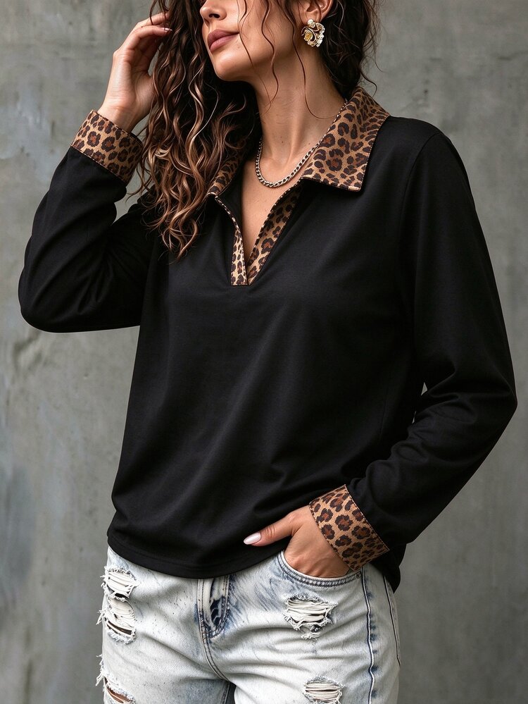 Elenzga Women's Fashion Leopard-Print Collar Pattern Print, Casual Long-Sleeve Top. - Multicolor - View 3