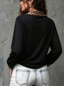 Elenzga Women's Fashion Leopard-Print Collar Pattern Print, Casual Long-Sleeve Top. - Multicolor - View 2