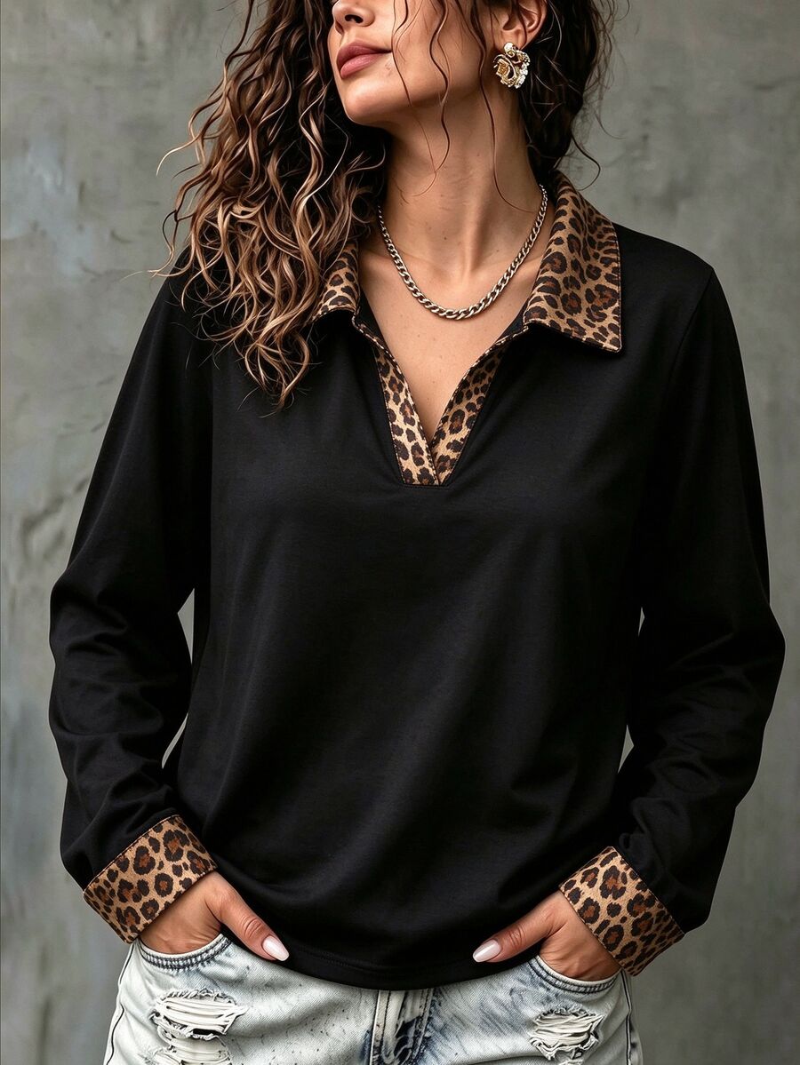 Elenzga Women's Fashion Leopard-Print Collar Pattern Print, Casual Long-Sleeve Top. - Multicolor - View 1