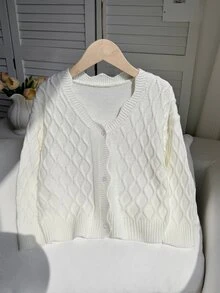SHEIN 1件女款針織開襟衫，極簡風，純色，V領，單排扣，獨特蕾絲袖口，鏤空白色針織，百搭上衣，適合外出、春秋、校園、日常穿著、聚會 - 白色 - 查看 4
