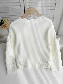 SHEIN 1件女款針織開襟衫，極簡風，純色，V領，單排扣，獨特蕾絲袖口，鏤空白色針織，百搭上衣，適合外出、春秋、校園、日常穿著、聚會 - 白色 - 查看 2