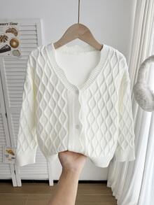 SHEIN 1件女款針織開襟衫，極簡風，純色，V領，單排扣，獨特蕾絲袖口，鏤空白色針織，百搭上衣，適合外出、春秋、校園、日常穿著、聚會 - 白色 - 查看 10