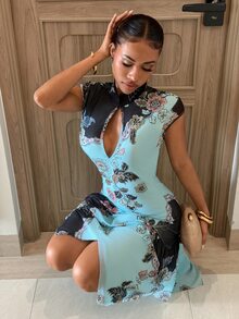 Aloruh Y2K Floral Satin And Mesh Patchwork Mini Dress Halloween Outfit Holiday Outfits Going Out Dress - Multicolor - View 7