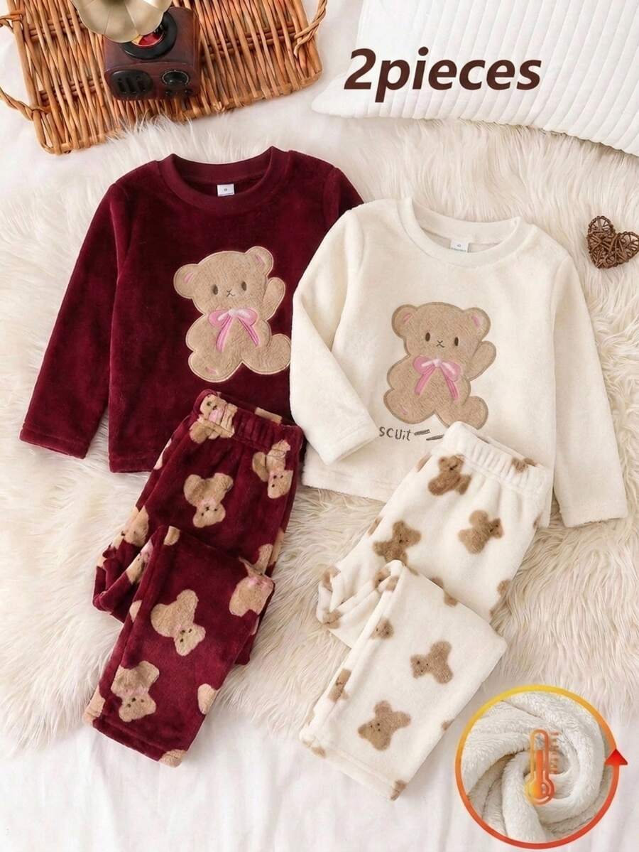 Girls Toddler Bear Towel Embroidery Long Sleeve Top & Bear Print Fleece Long Pants Autumn/Winter Loungewear Set - White - View 1